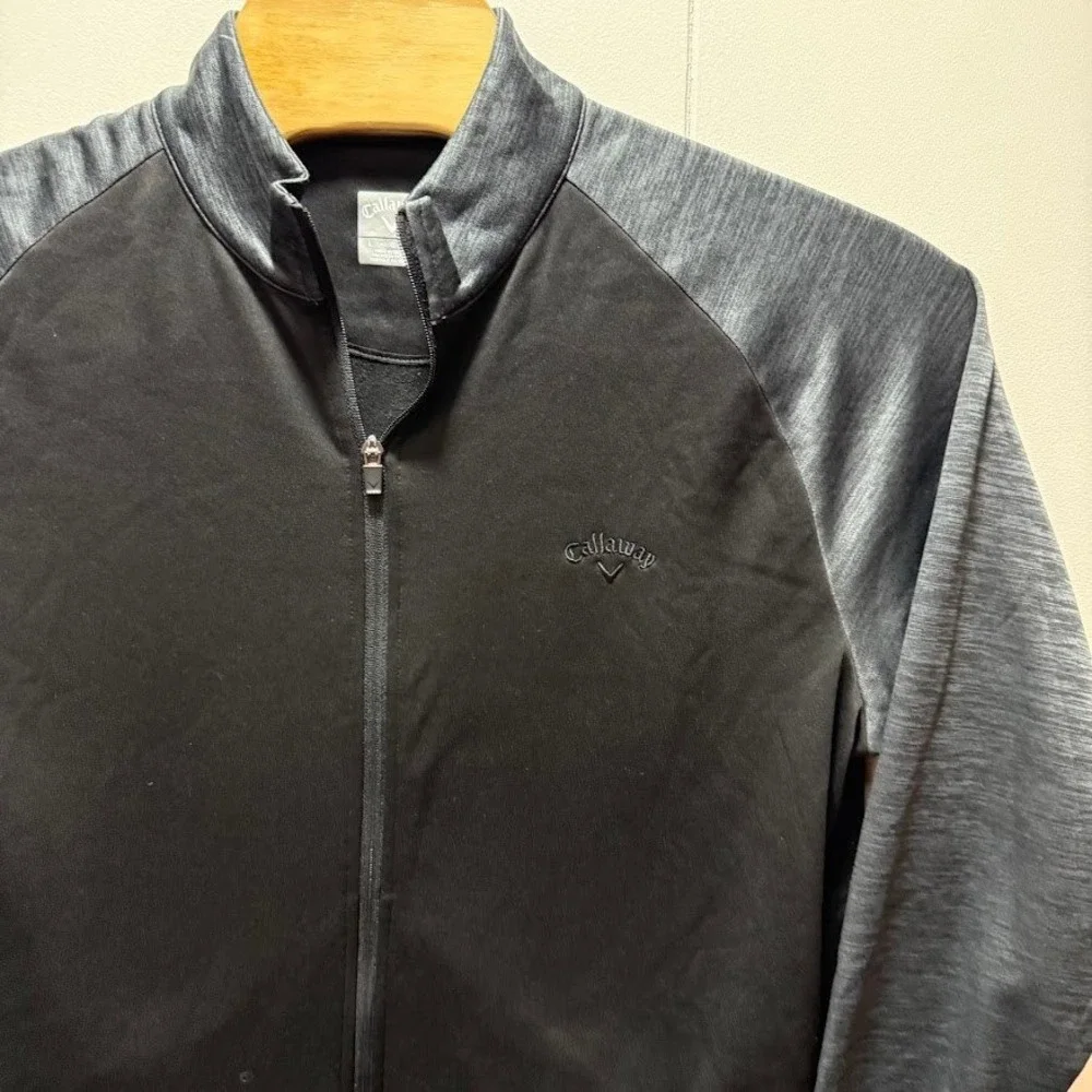 Callaway Mens Full Zip Golf Jacket Black Heathered Grey Raglan Mock Neck Large